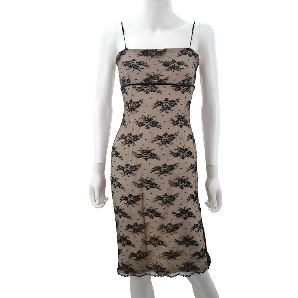 Ruby Rd Nude Beige Black Lace Empire Waist Fitted Sheath Bodycon Slip Dress S-M